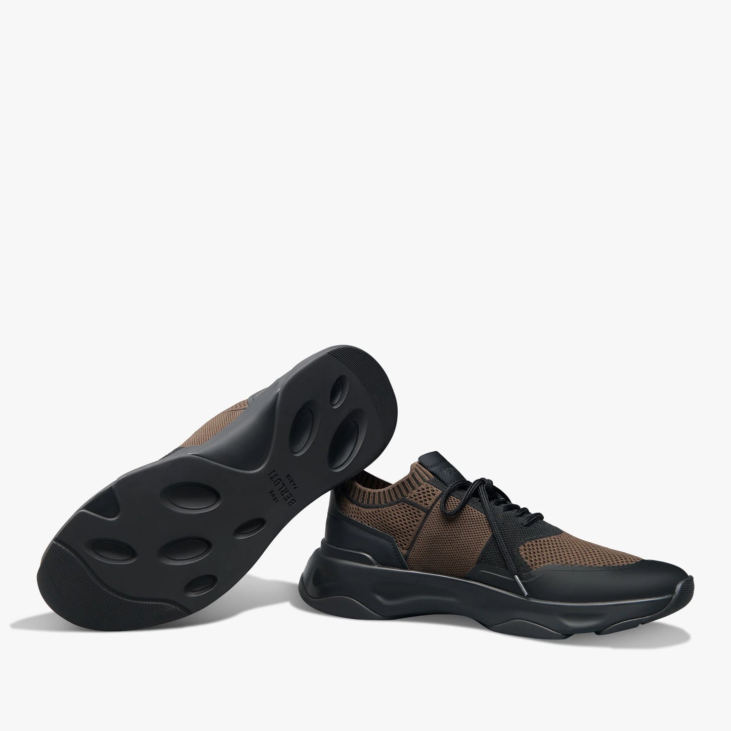 SNEAKER BERLUTI SHADOW EN MAILLE ET CUIR DE VEAU FILM GOMME EN MARRON/NOIR